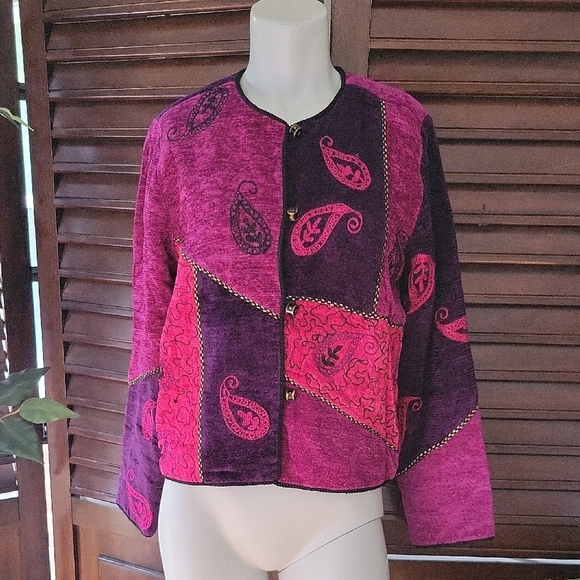 Alex Kim Pink and Purple Patchwork Button Jacket Vibrant Tapestry Blazer Large - Picture 1 of 15